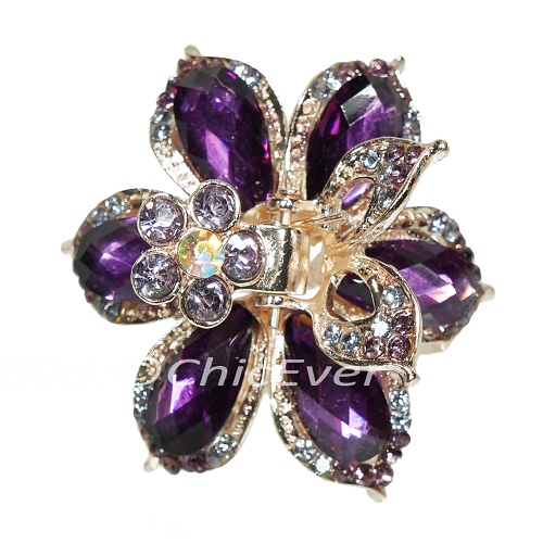 Haargreifer Blume Haarkneifer Haarklammer Metall & Strass lila violett gold 5150 - zum Schließen ins Bild klicken